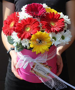 Букет гербер «Карамельная нуга» в шляпной коробке 